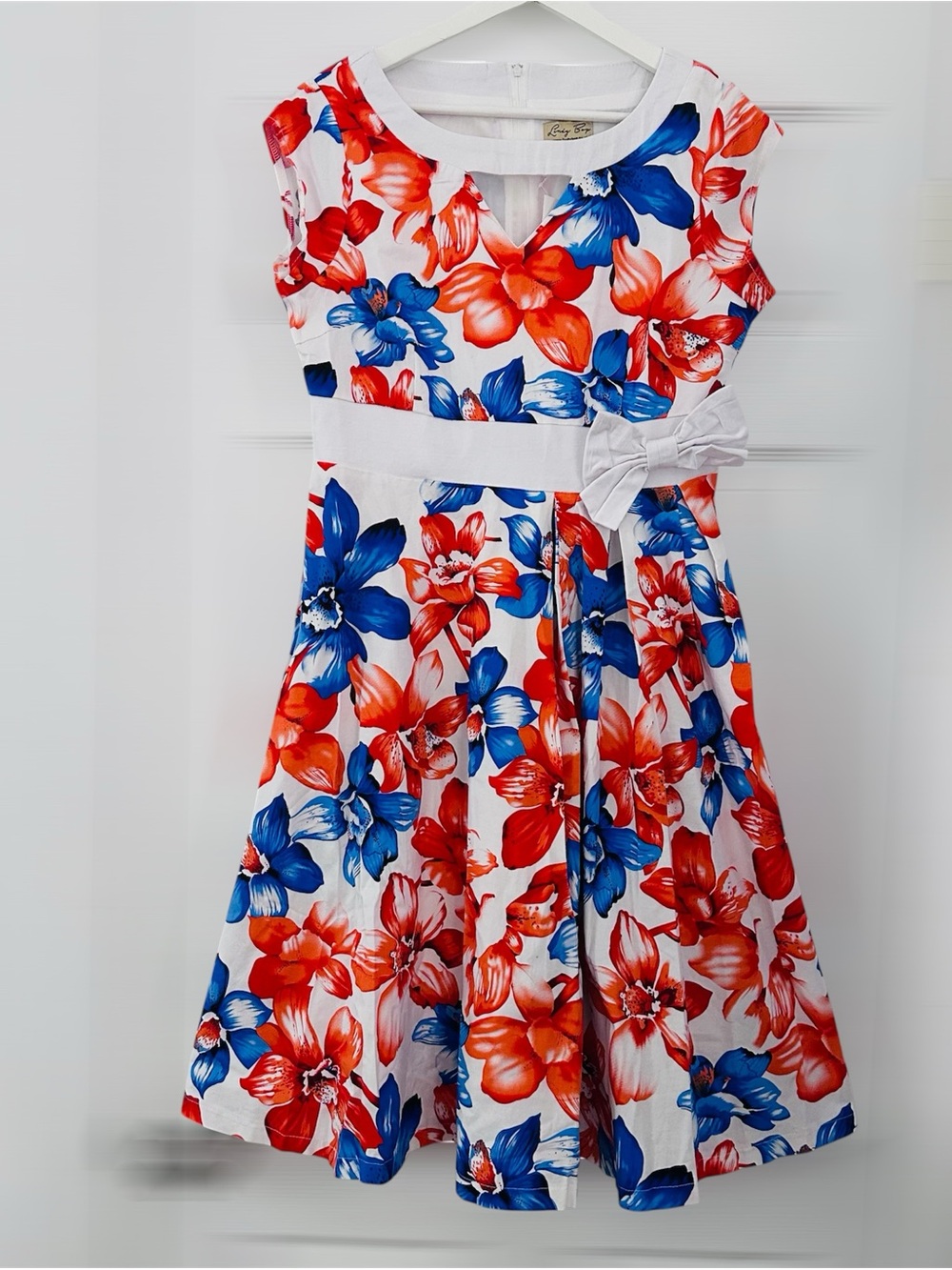 Lindy Bop Floral Fit & Flare Dress NWT White Red Blue Bow Sleeveless US L UK 14